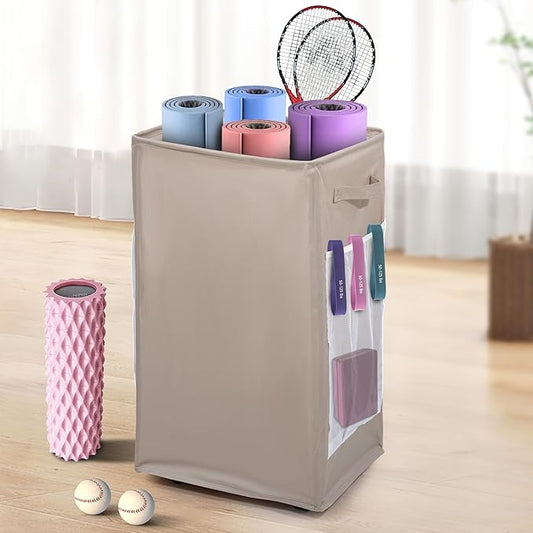 Yoga Mat Storage Racks, Home Gym Storage Rack with Wheels, Yoga Mat Holder Side 2 Mesh Pockets, Yoga Storage Basket Holds 4 Yoga Mats, 2 Foam Rollers, 6 Resistance Bands