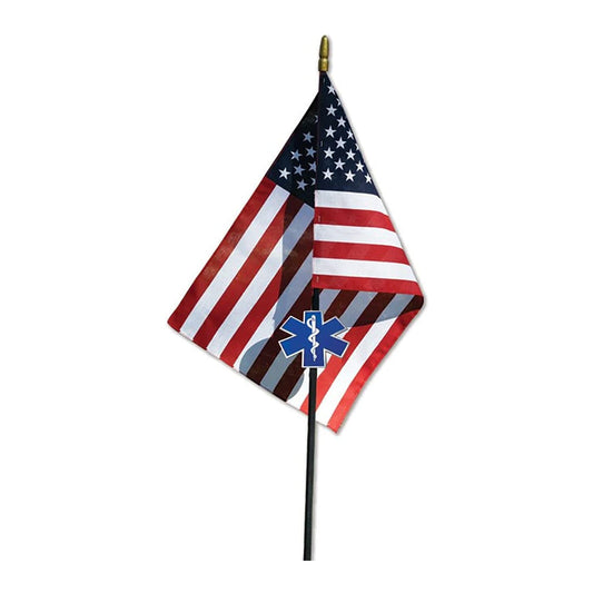 EMS Veteran Grave Marker With 30 Inch Tall American Cemetery Flag, EMS Star Of Life Memorial.