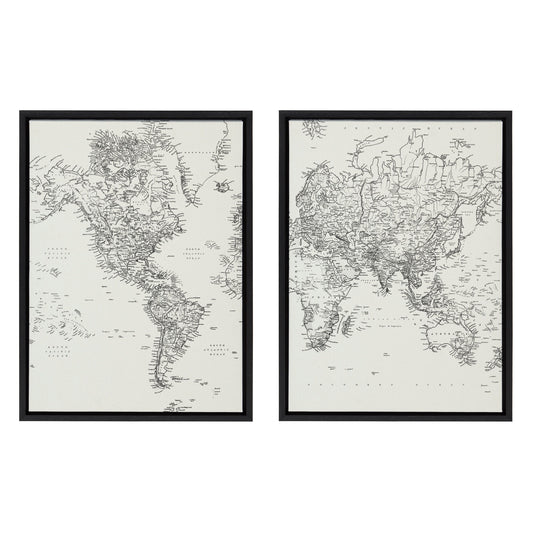 Sylvie Vintage Black and White World Map Framed Canvas Set by The Creative Bunch Studio