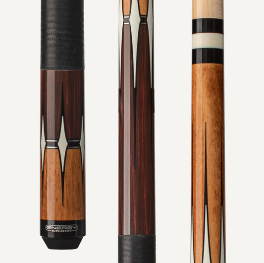 Players Energy Half & Half Antique stained maple & Rengas, White Diamond graphic w/Black Linen Wrap  Cue Stick