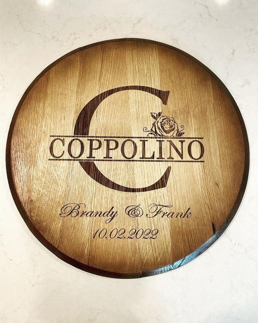 Custom Engraved Whiskey Barrel Head for Wedding or Anniversary